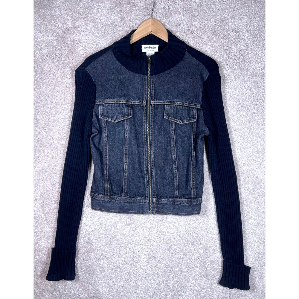 Y2K Retro‎ Jean Jacket New Direction Denim Knit Sleeves Collar Full Zip Black L